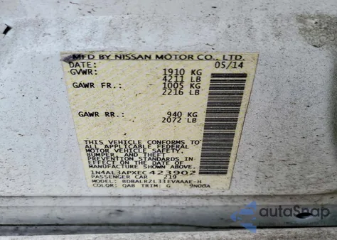 2014 Nissan Altima 2.5 from USA, damaged, VIN 1N4AL3APXEC423902